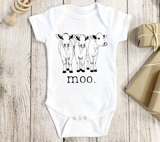 Baby western bodysuit, baby cow romper, moo bodysuit, baby girl gift, baby boy gift, baby farm shirt, baby shower gift, animal lover gift