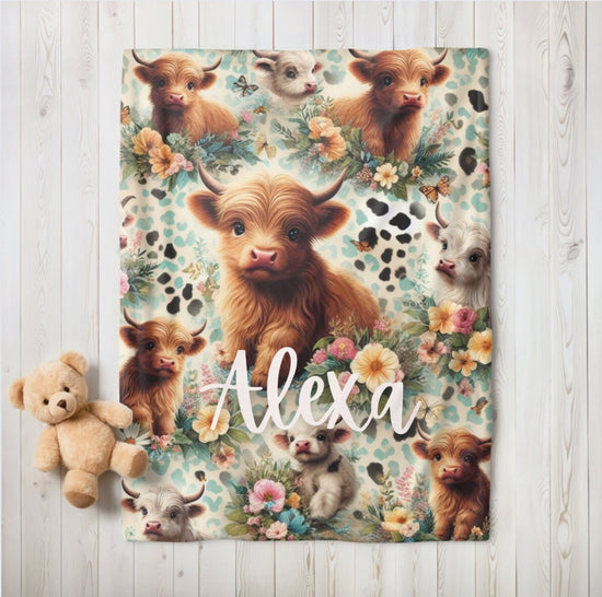 highland cow Baby blanket, baby gift, newborn gift, personalized name, stroller blanket, baby shower gift, baby girl gift, animal lover,
