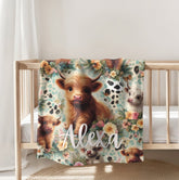 highland cow Baby blanket, baby gift, newborn gift, personalized name, stroller blanket, baby shower gift, baby girl gift, animal lover,